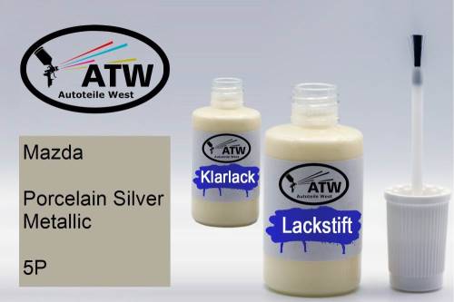 Mazda, Porcelain Silver Metallic, 5P: 20ml Lackstift + 20ml Klarlack - Set, von ATW Autoteile West.